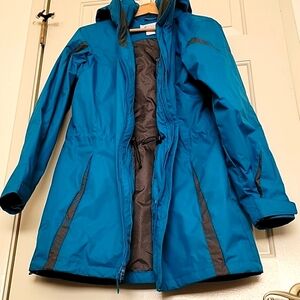EUC COLUMBIA Water Repellant Jacket Detachable Hood Adjustable Waist Teal Blue